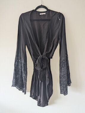 L Winston White Brown Boho Bell Sleeve Tie Front Romper